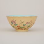 A Yellow-Ground Turquoise-Interior Famille Rose 'Peonies' Bowl, Qianlong Mark, 內松石綠釉外黃釉牡丹紋碗 「乾隆年製」四字