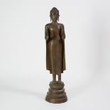 A Large Standing Bronze Buddha, Burma, Early 20th Century, 二十世紀早期緬甸 施雙無畏印銅佛立像, height 47 in — 119.4