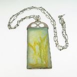 Art Noveau Style Art Glass Panel, set in a silver pendant frame and suspended from a silver chain