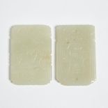 Two Celadon White Jade Plaques, 青白玉山水詩文牌一組兩件, longest length 2.5 in — 6.3 cm (2 Pieces)