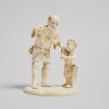 An Ivory Carved Okimono of a Man and Child, Meiji Period, 明治時期 牙雕人物擺件, height 6.1 in — 15.5 cm
