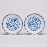 A Pair of Blue and White 'Lotus' Dishes, Tongzhi Mark and Period (1862-1874), 清同治 青花纏枝蓮紋盤一對 「大清同治年制」