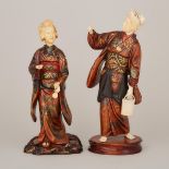 Two Japanese Ivory and Wood Carved Ladies, Circa 1900, 日本 約1900年 木鑲象牙雕女士立像一組兩件, largest height 16.5