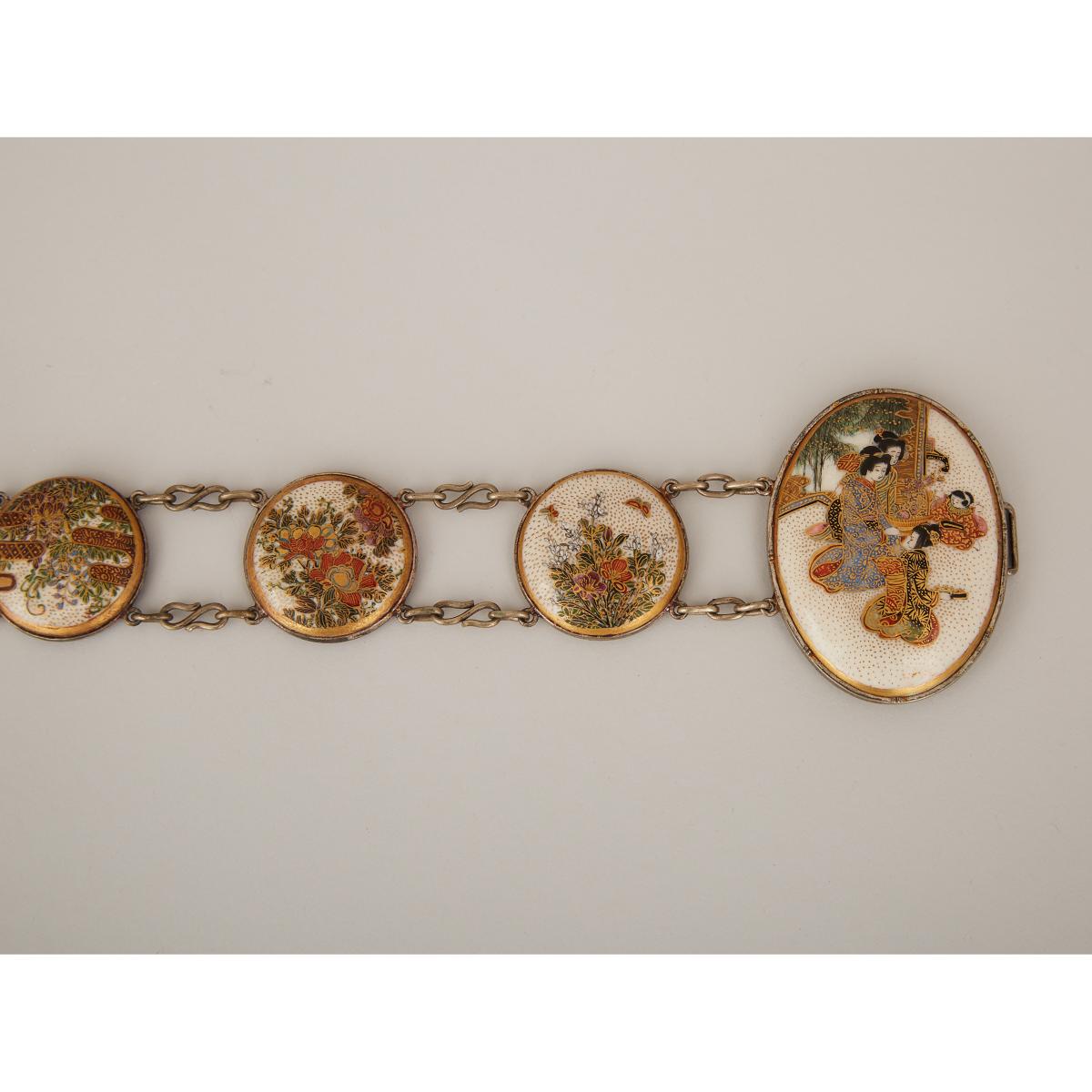 A Satsuma Ceramic Inlaid Belt, Meiji Period, 明治時期 日本薩摩燒人物花卉紋腰帶, length 25.5 in — 64.8 cm - Image 6 of 7