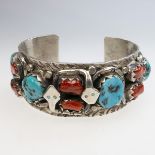 H. Spencer Navajo Sterling Silver Open Cuff Bangle, set with polished coral and turquoise
