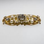 Miriam Haskell Gold Tone Metal Brooch, set with clear rhinestones and faux pearls