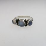 Georg Jensen Danish Sterling Silver Ring, bezel set with 3 small circular moonstone cabochons