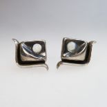 Pair Of Antonio Pineda Mexican Silver Screwback Earrings, each set with a circular moonstone cabocho