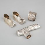 Eastern Silver Cane Handle, Napkin Ring and Two Shoes, 20th century, handle length 4.9 in — 12.4 cm