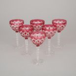 Six Bohemian Red Overlaid and Cut Glass Wine Glasses, early 20th century, height 5.6 in — 14.1 cm (6