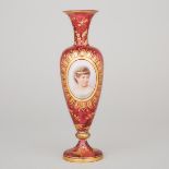 Bohemian Overlaid, Enameled and Gilt Red Glass Portrait Vase, late 19th century, height 10 in — 25.5