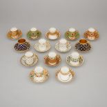 Set of Fourteen Raynaud Limoges 'Jeweled' Demi-Tasse Cups and Saucers, early 20th century, cup heigh