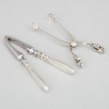 Danish Silver 'Acorn' Pattern Ice Tongs and 'Cactus' Nut Cracker, Georg Jensen, Copenhagen, 20th cen