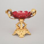 French Gilt Metal Mounted Cut Red Glass Small Comport, 19th century, height 5.7 in — 14.5 cm