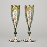 Pair of Bohemian Overlaid, Enameled and Gilt Green Glass Vases, late 19th century, height 11.3 in —