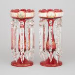 Pair of Bohemian Overlaid, Enameled and Gilt Red Glass Lustres, late 19th century, height 12.3 in —