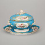 'Sèvres' Bleu Céleste Ground Covered Sauce Tureen on Stand, 19th century, length 8.5 in — 21.5 cm