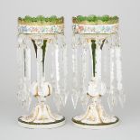 Pair of Bohemian Overlaid and Enameled Green Glass Lustres, late 19th/early 20th century, height 13.