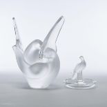 ‘Sylvie’, Lalique Moulded and Frosted Glass Vase and 'Charis', Dove Ring Tray, post-1978, height 8.3