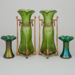Two Pairs of Bohemian Iridescent Green Glass Vases, early 20th century, height 11.1 in — 28.3 cm; 5