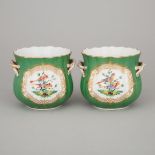 Pair of French Porcelain Apple Green and Gilt Cache Pots, early 20th century, height 4.6 in — 11.6 c