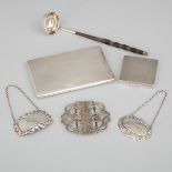 English Silver Cigarette Case, Compact, Belt Buckle, Two Decanter Labels and a Cream Ladle, 19th/20t
