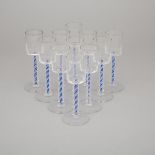 Set of Eleven Continental Blue and Opaque White Colour Twist Stemmed Wine Glasses, 20th century, hei