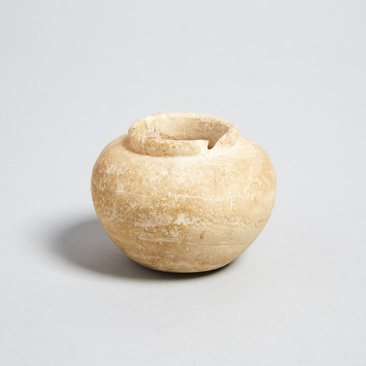 Egyptian Alabaster Kohl Jar, New Kingdom, 1550-1069 B.C., height 2 in — 5 cm
