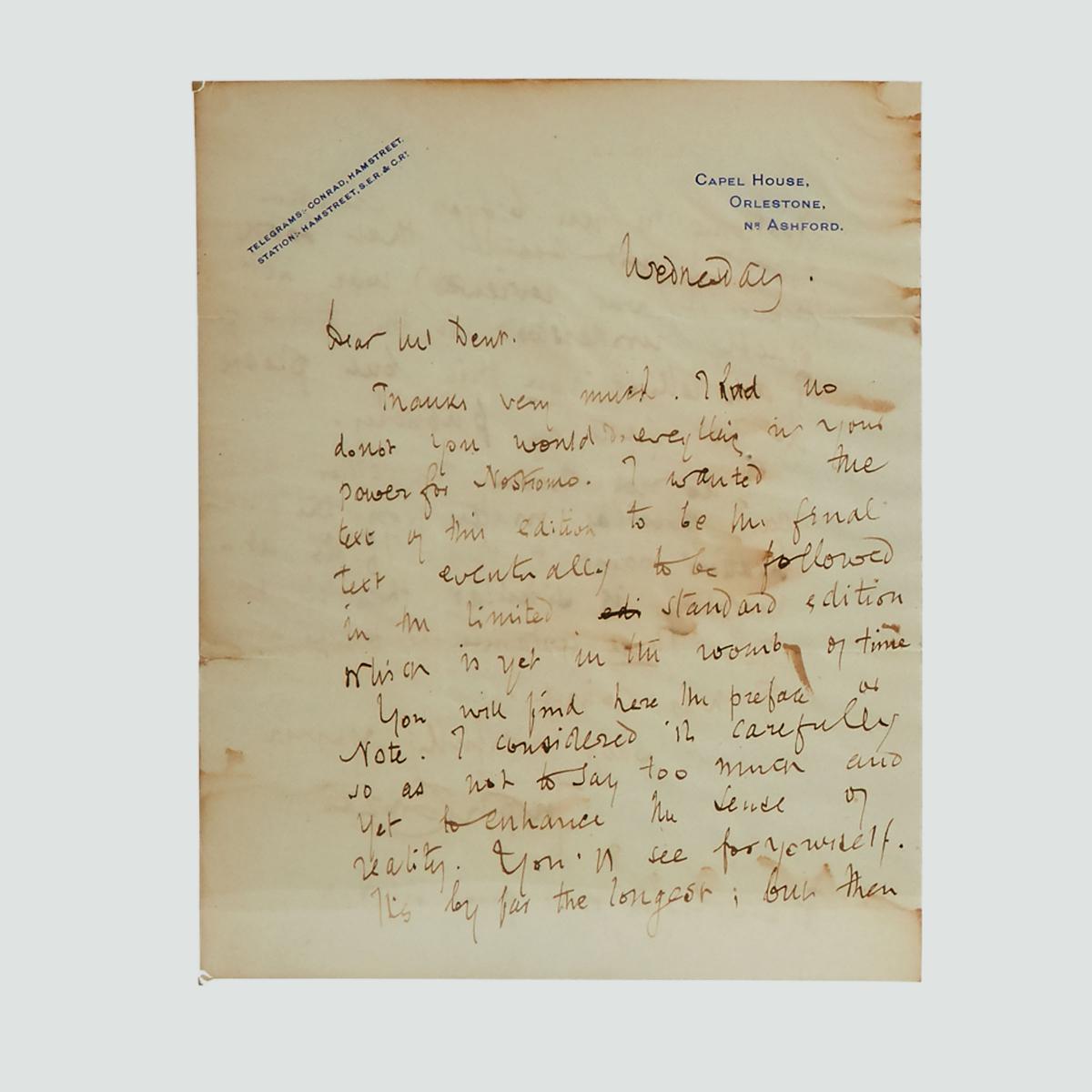 Joseph Conrad Autograph Letter to Publisher John Malaby (J.M.) Dent, c.1914, 10 x 8 in — 25.4 x 20.3