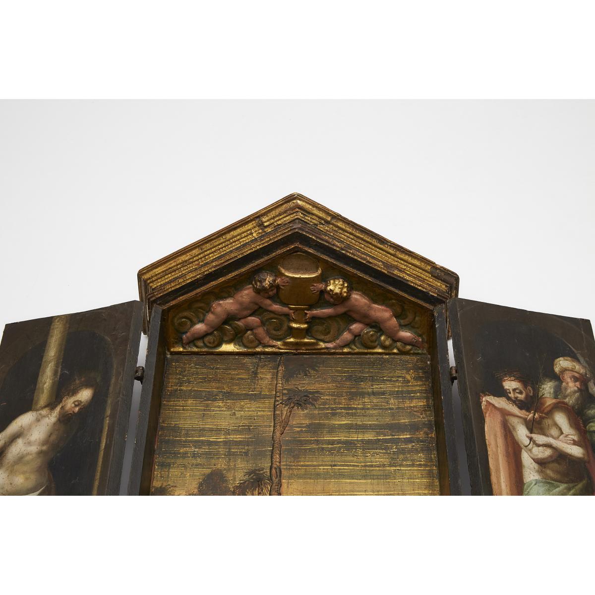 Italian Painted and Gilt Portable Triptych Altar, 17th century, height 32.25 in — 81.9 cm - Image 3 of 4