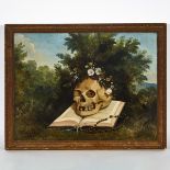 Victorian Memento Mori School Painting, 1847, SKULL ON BIBLE WITH ROSARY, 22.5 x 28.25 in — 57.2 x 7