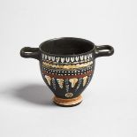 Greek Apulian Gnathian Pottery Skyphos, 4th century B.C., 3.4 x 5.25 in — 8.6 x 13.3 cm