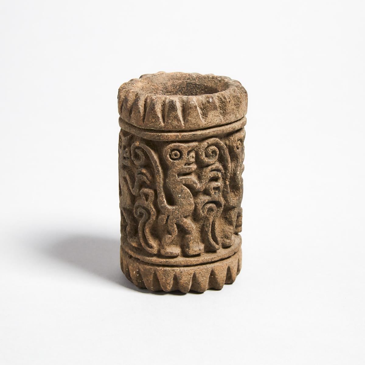 Manteno Pottery Roller Stamp with Monkey Parade, Ecuador 850-1600 A.D., length 3.26 in — 8.3 cm