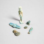 Six Egyptian Faience Amulets, Late Period, 3500-30 B.C., tallest height 3 in — 7.6 cm (5 Pieces)