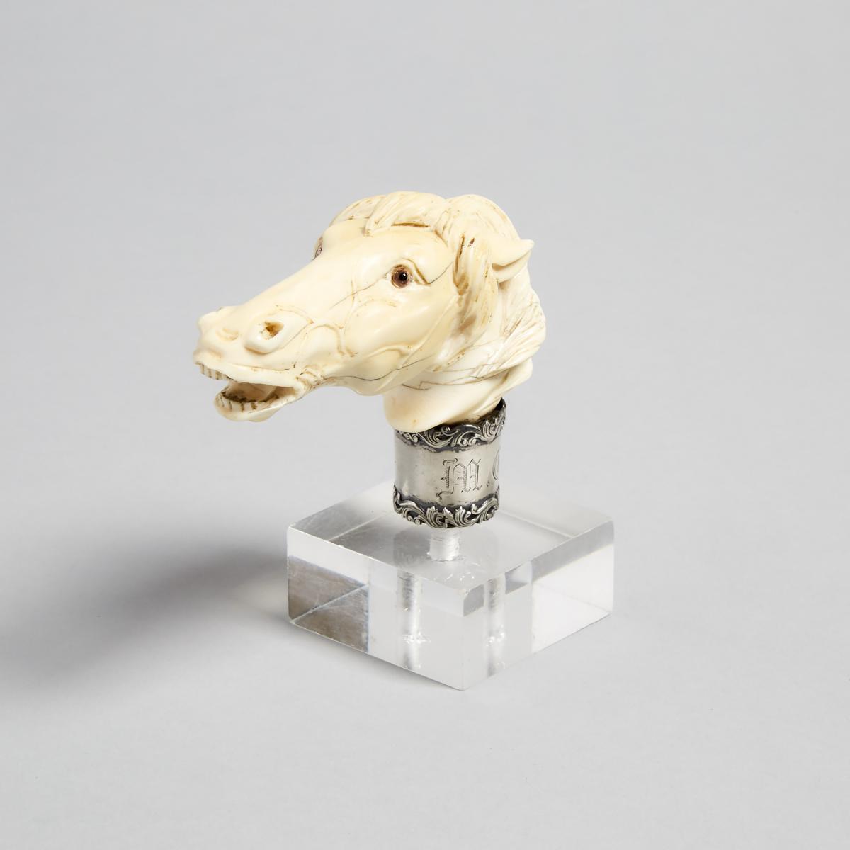 American Silver Mounted Ivory Horse Head Form Walking Stick Handle, c.1900, length 4 in — 10.2 cm