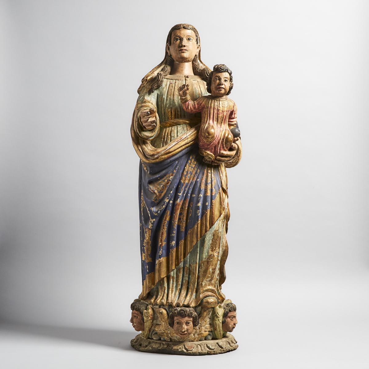 Large Portuguese Carved, Polychromed and Parcel Gilt Group of the Virgin and Child, 19th century, he