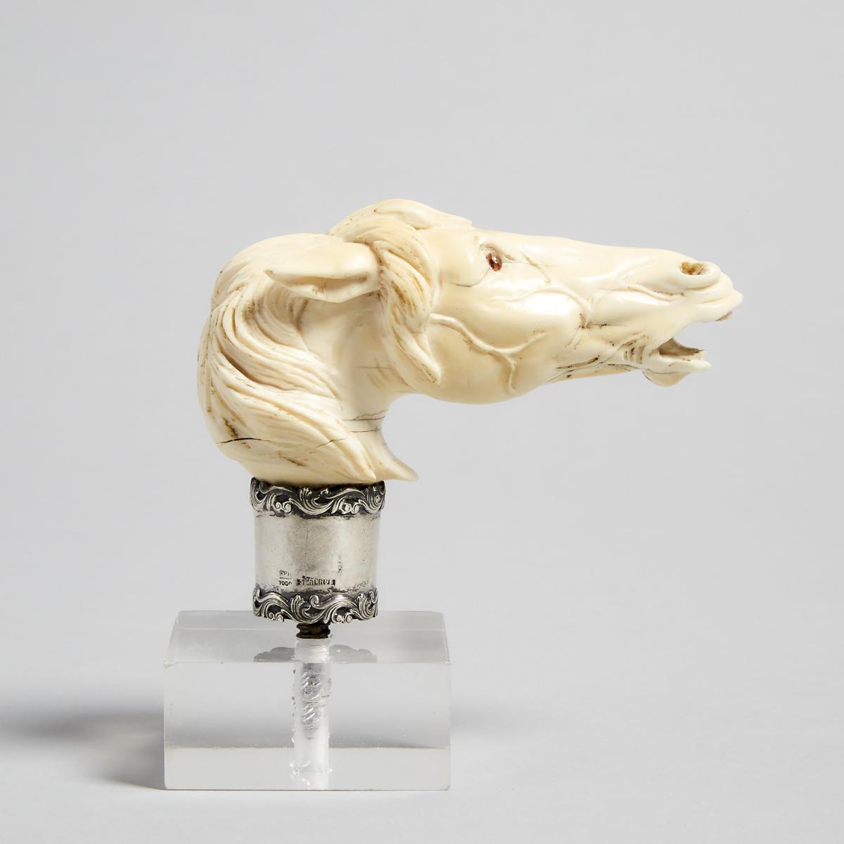 American Silver Mounted Ivory Horse Head Form Walking Stick Handle, c.1900, length 4 in — 10.2 cm - Image 3 of 3