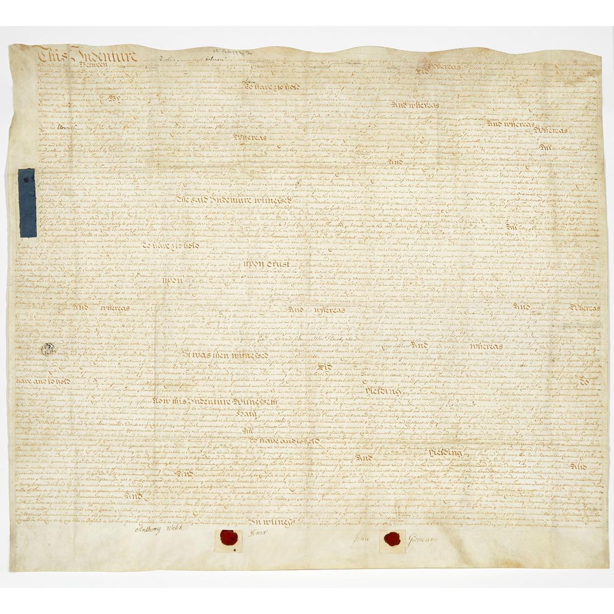 Two Georgian English Indentures , 1742 and 1782, larger 27 x 30.5 in — 68.6 x 77.5 cm (2 Pieces)