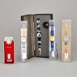 Five Olympic Games Related Swatch Watches, 1996-2000, each watch length 9.1 in — 23 cm (3 Pieces)