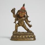 A Gilt Bronze Figure of Vajrapani, Nepal, 15th Century or Later, 尼泊爾 十五世紀或更晚 鎏金銅彩繪金剛手菩薩立像, height 6.