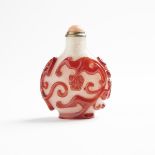 A Red Overlay Snowflake Glass 'Dragon and Phoenix' Snuff Bottle, 19th Century, 十九世紀 雪霏地套紅料龍鳳呈祥鼻煙壺, h