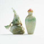 Two Jadeite Snuff Bottles, 19th/20th Century, 十九/二十世紀 翡翠雕鼻煙壺兩隻, tallest height 3.3 in — 8.4 cm (2 Pi