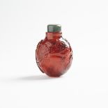 A Carved Amber Snuff Bottle, Late Qing Dynasty, 晚清 琥珀雕‘太平有象’福獅紋鼻煙壺, height 2.4 in — 6 cm