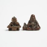 Two Wood Netsuke of a Small Boy and Fukurokuju, Signed, 19th Century, 日本 十九世紀 木雕童子壽老根付一組兩件, longest