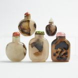 A Group of Five Agate Snuff Bottles, 19th/20th Century, 十九/二十世紀 影子瑪瑙巧雕荷塘清趣 花鳥 布袋和尚紋鼻煙壺一組五件, largest