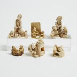 A Group of Six Ivory Netsuke and Okimono, Three Signed, 18th/19th Century, 日本 十八/十九世紀 牙雕人物根付擺件一組六件,