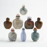 A Group of Eight Agate Snuff Bottles, 19th/20th Century, 十九/二十世紀 瑪瑙礦石虎眼石鼻煙壺一組八件, largest height 3.2