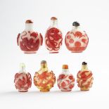 A Group of Seven Red Overlay Peking Glass Snuff Bottles, 19th/Early 20th Century, 十九/二十世紀初期 雪霏地套紅料鼻煙