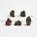 A Group of Five Wood Netsuke, One Signed Ryuzan, 18th/19th Century, 日本 十八/十九世紀 木雕根付一組五件, tallest hei