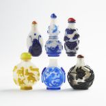 A Group of Six Various Colour Overlay Peking Glass Snuff Bottles, Late 19th/20th Century, 十九/二十世紀初期